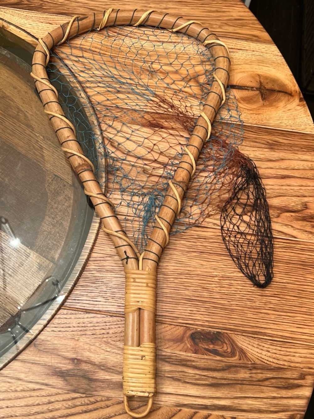 Handmade bamboo fishing net 22 inches long Great For Cabin Or To Use Great Cond.